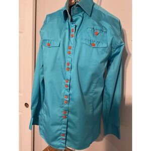 Anthony Vega Signature Turquoise Blue Button Down Shirt Orange Buttons Mens